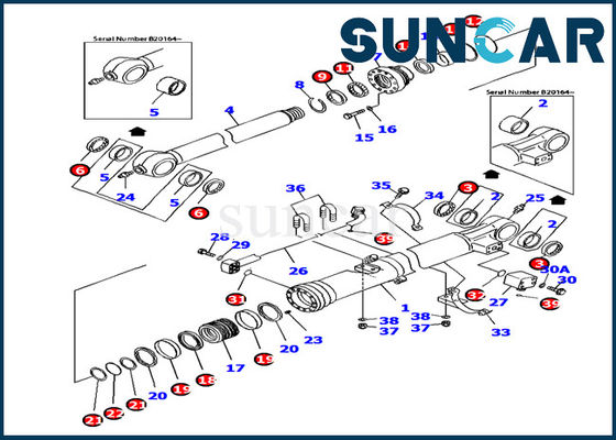PC160LC-7 ซีลไฮดรอลิก Komatsu 707-99-37380 Bucket Cylinder service Kit หล่อลื่นชิ้นส่วนรุ่น